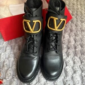 Valentino Black Leather Lace-Up Boots with Gold V Emblem